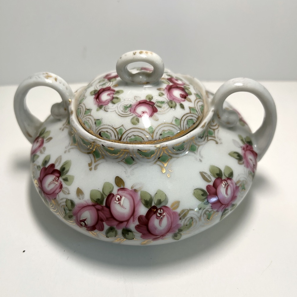Vintage Porcelain Sugar Bowl & Lid Germany, Painted Pink Roses Floral 1920’s
